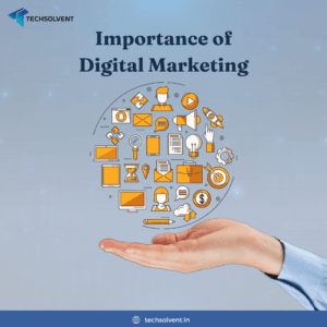 Importance of digital marketing, with a hand holding icons representing various digital marketing tools and strategies.